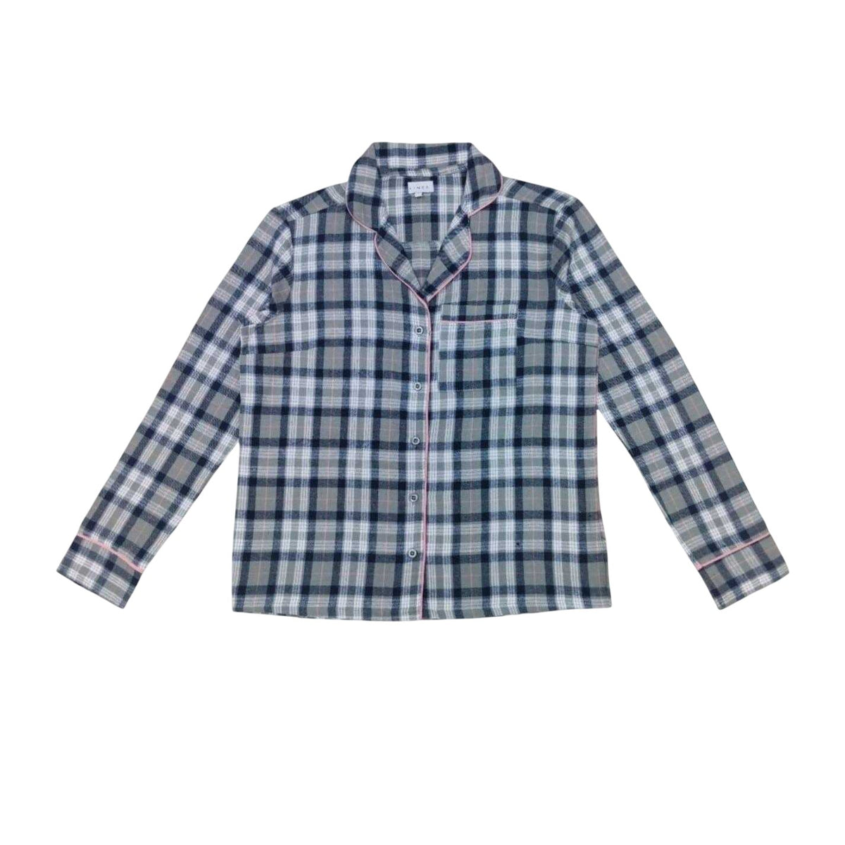 Grey-Pink - Back - Linea Womens-Ladies Cotton Checked Button Front Long Pyjama Set (Pack of 1)