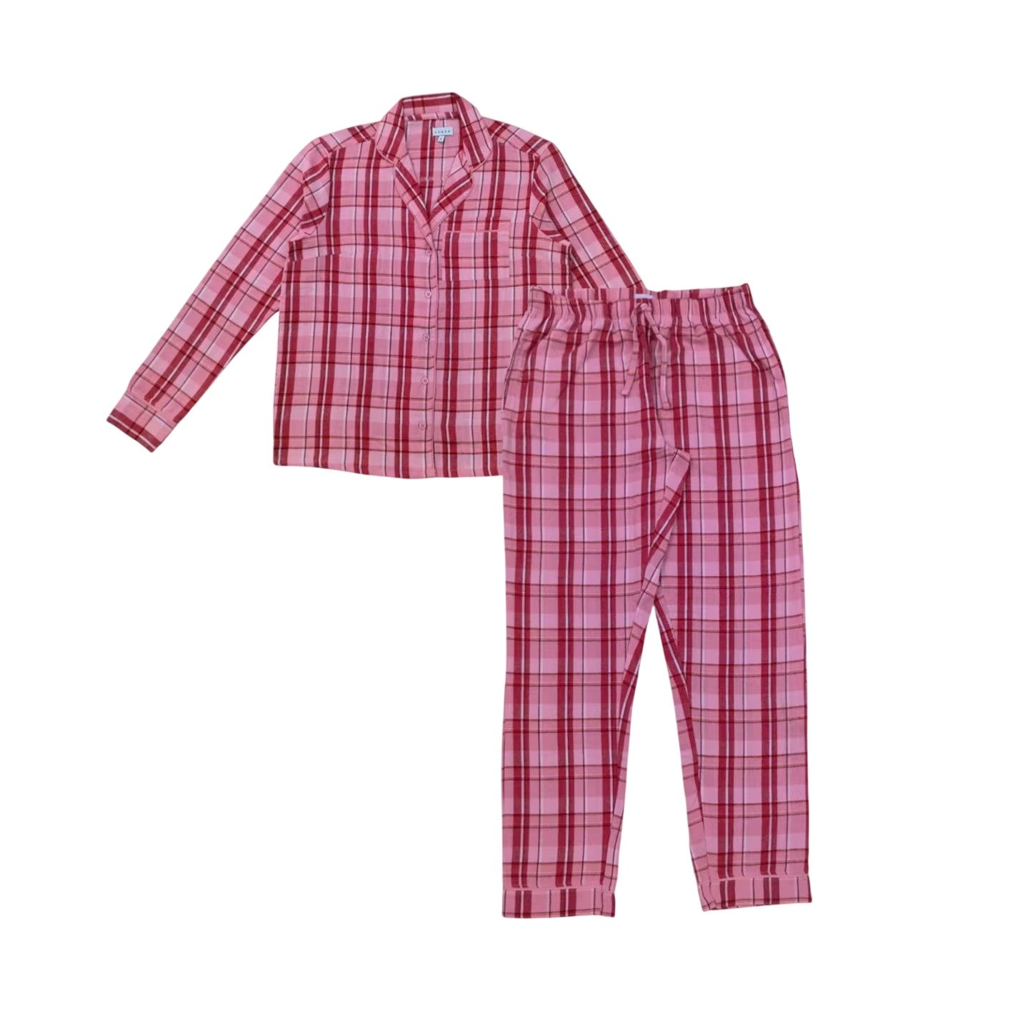 Pink - Front - Linea Womens-Ladies Cotton Checked Button Front Long Pyjama Set (Pack of 1)