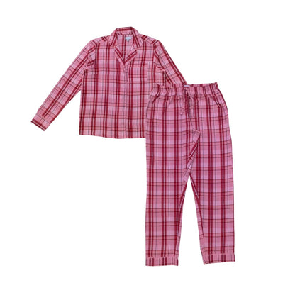 Pink - Front - Linea Womens-Ladies Cotton Checked Button Front Long Pyjama Set (Pack of 1)