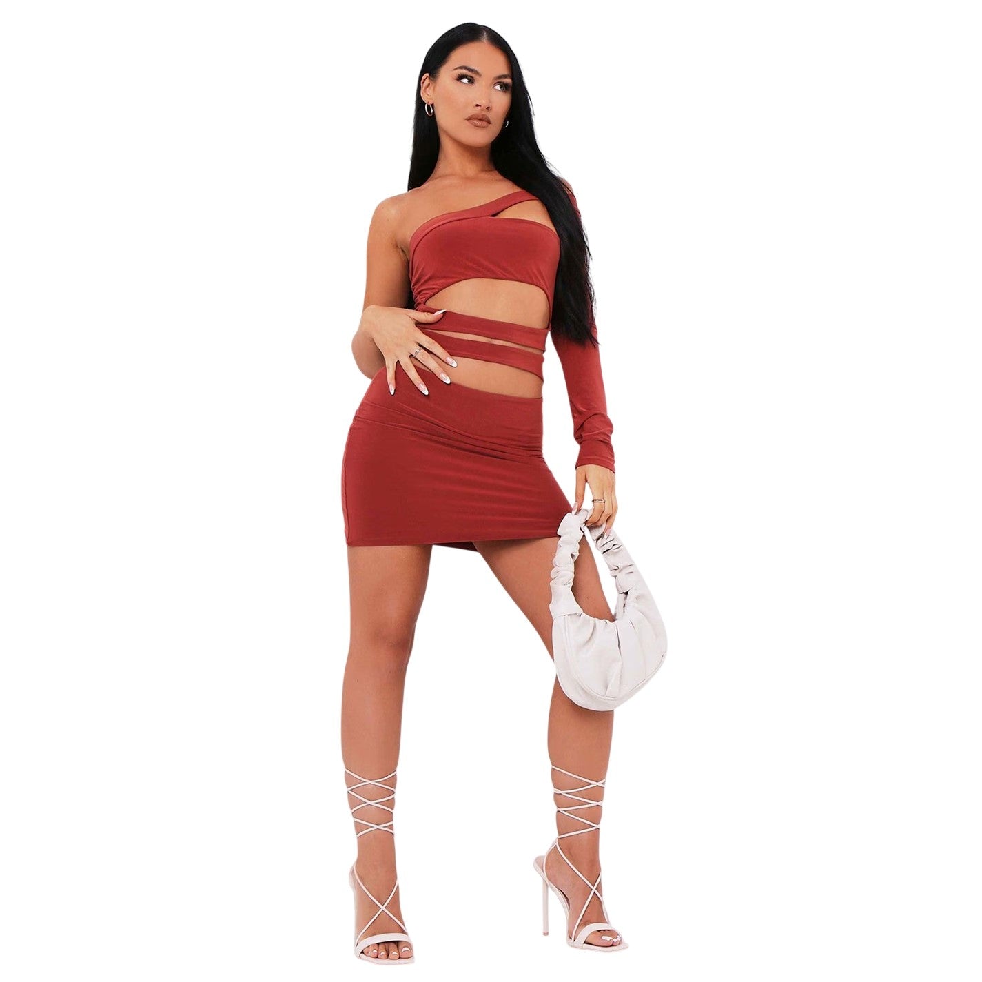 Orange - Side - Missy Empire Womens-Ladies Cut Out One Sleeve Mini Dress