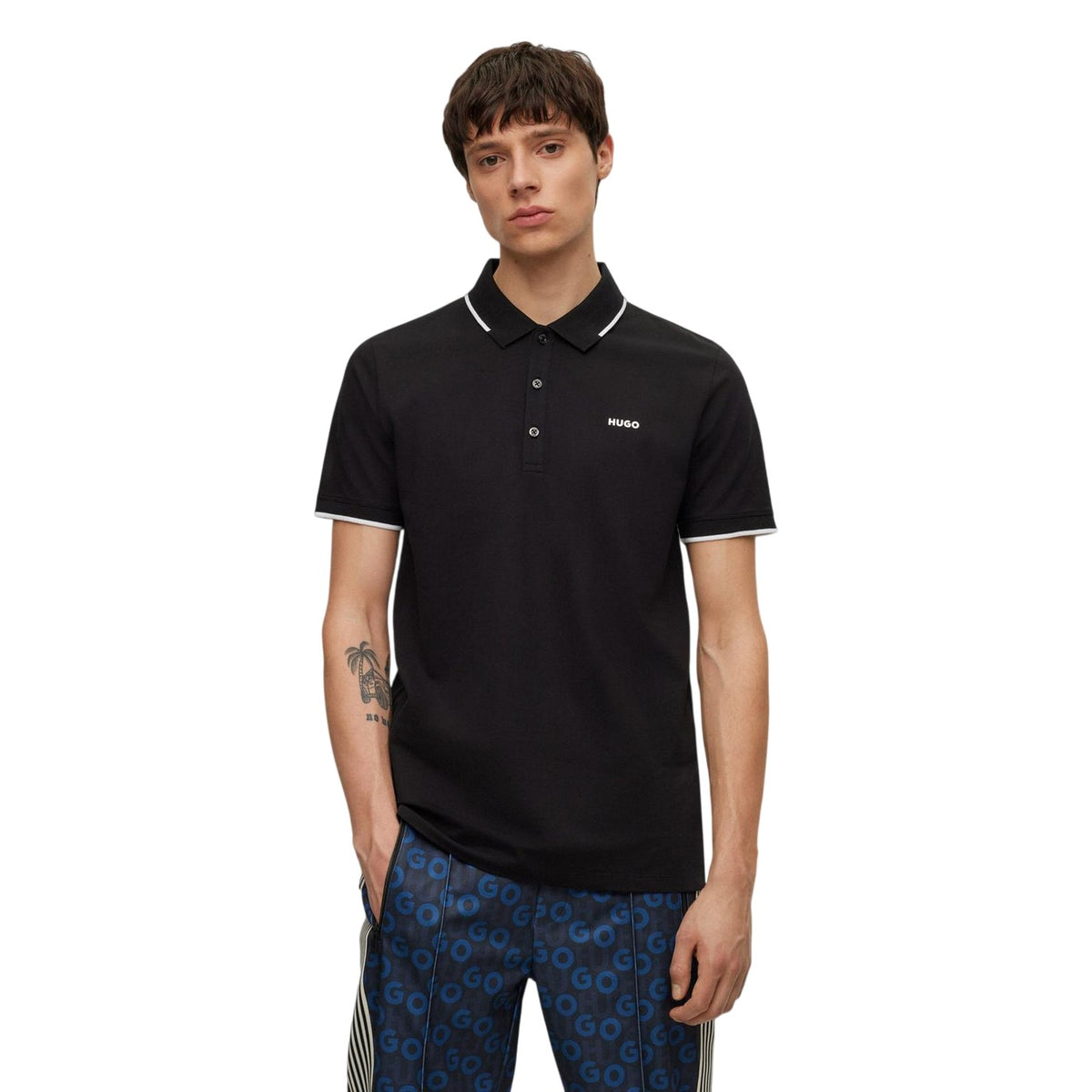 Black - Side - Hugo Mens Logo Ribbed Polo Shirt