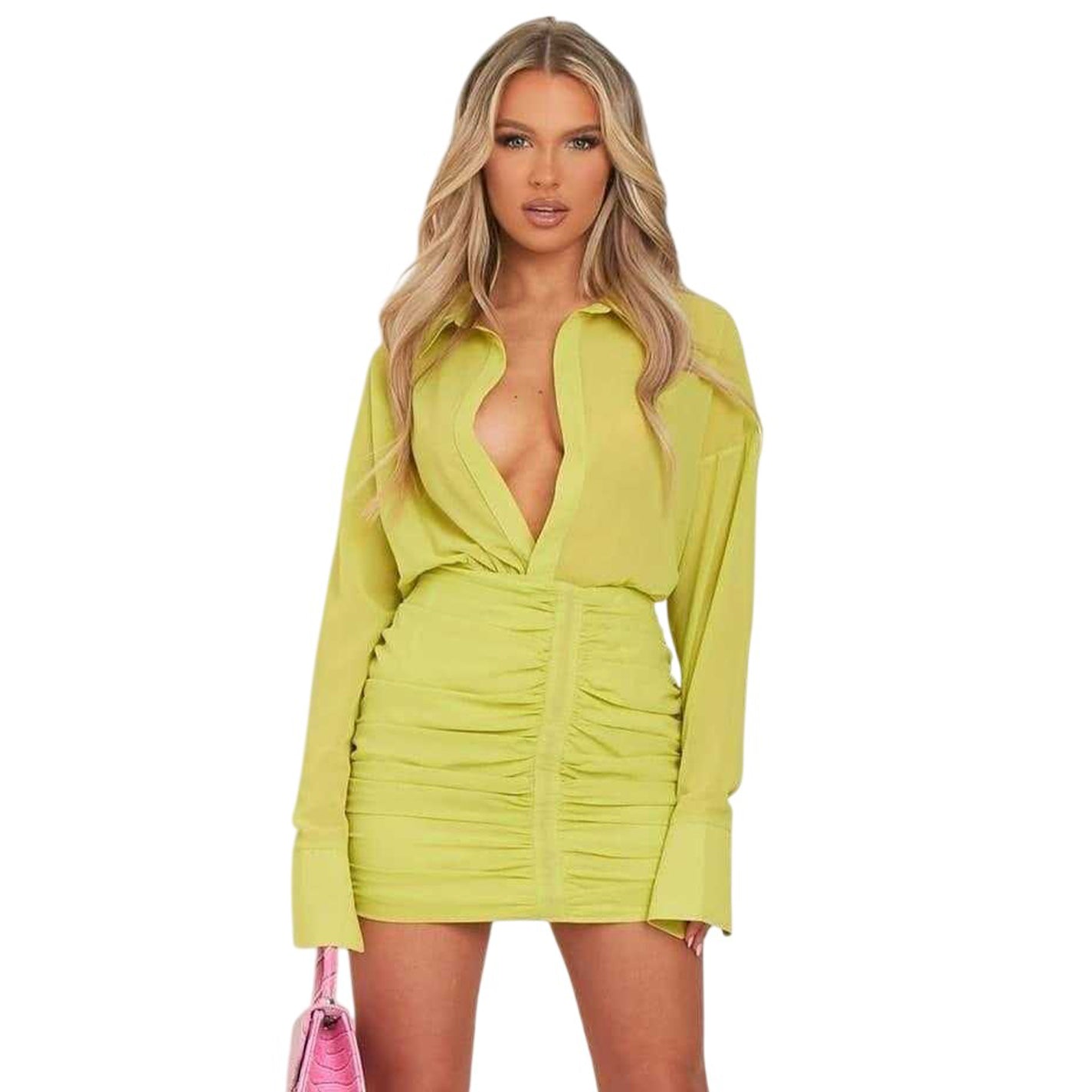 Lime - Front - Missy Empire Womens-Ladies Ruched Plunge Mini Dress