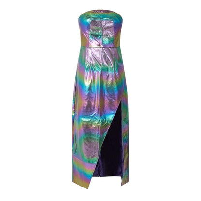 Silver-Rainbow - Front - AmyLynn Womens-Ladies Metallic Bandeau Maxi Dress