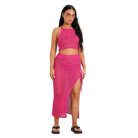 Pink - Front - Missy Empire Womens-Ladies Crochet Co-ord Set