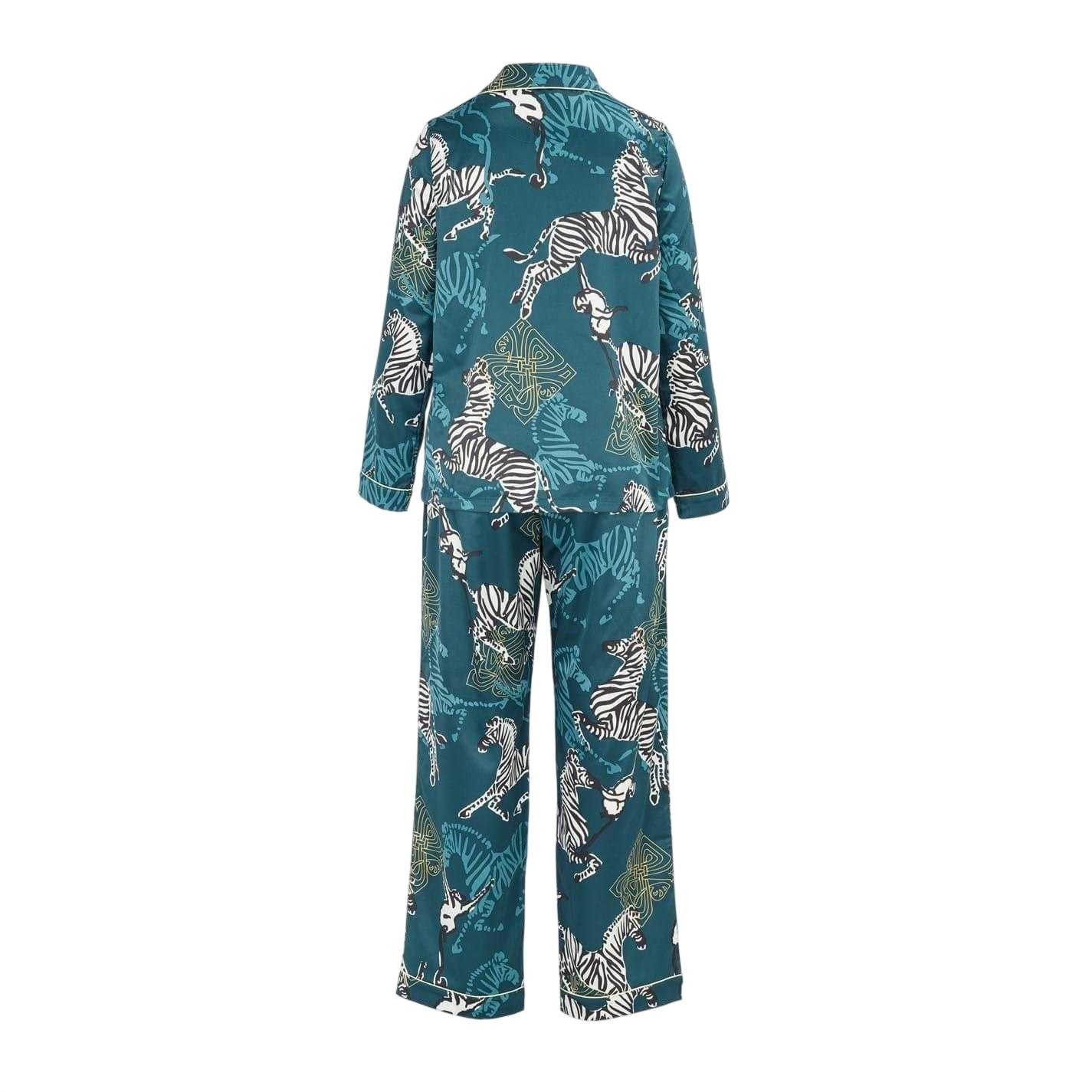 Blue-Black-White - Back - Biba Womens-Ladies Zebra Print Revere Collar Long Pyjama Set