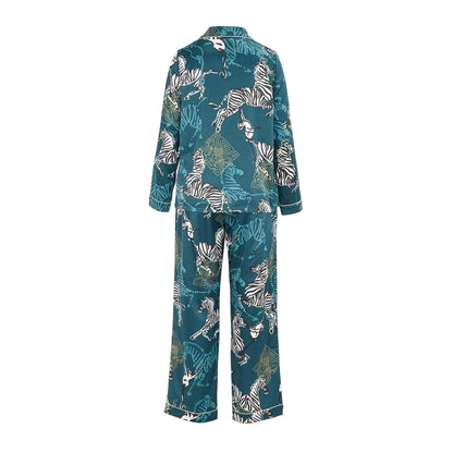 Blue-Black-White - Back - Biba Womens-Ladies Zebra Print Revere Collar Long Pyjama Set