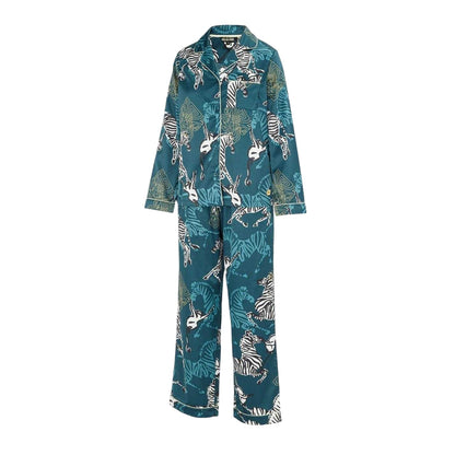 Blue-Black-White - Front - Biba Womens-Ladies Zebra Print Revere Collar Long Pyjama Set