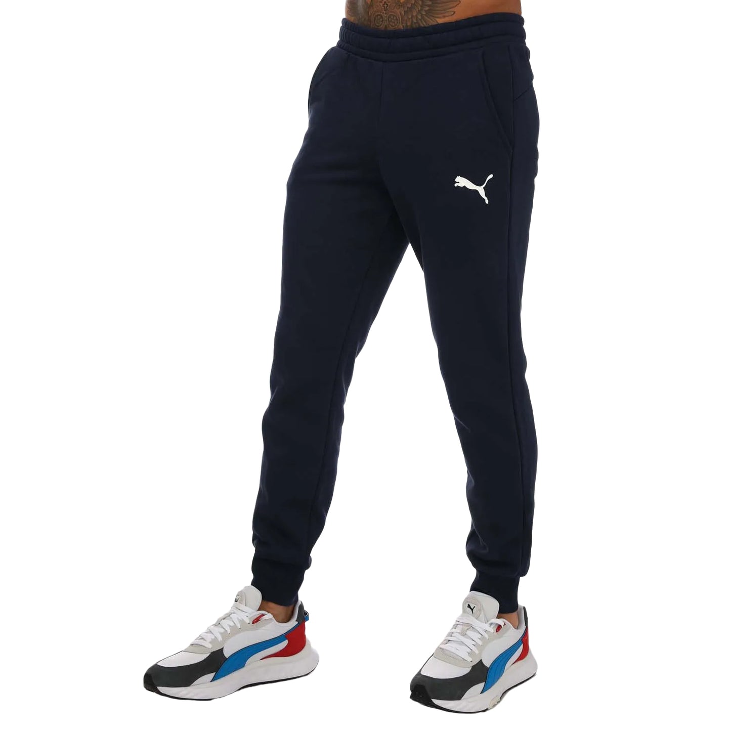 Navy - Front - Puma Mens Small Logo Cuffed Jogging Bottoms