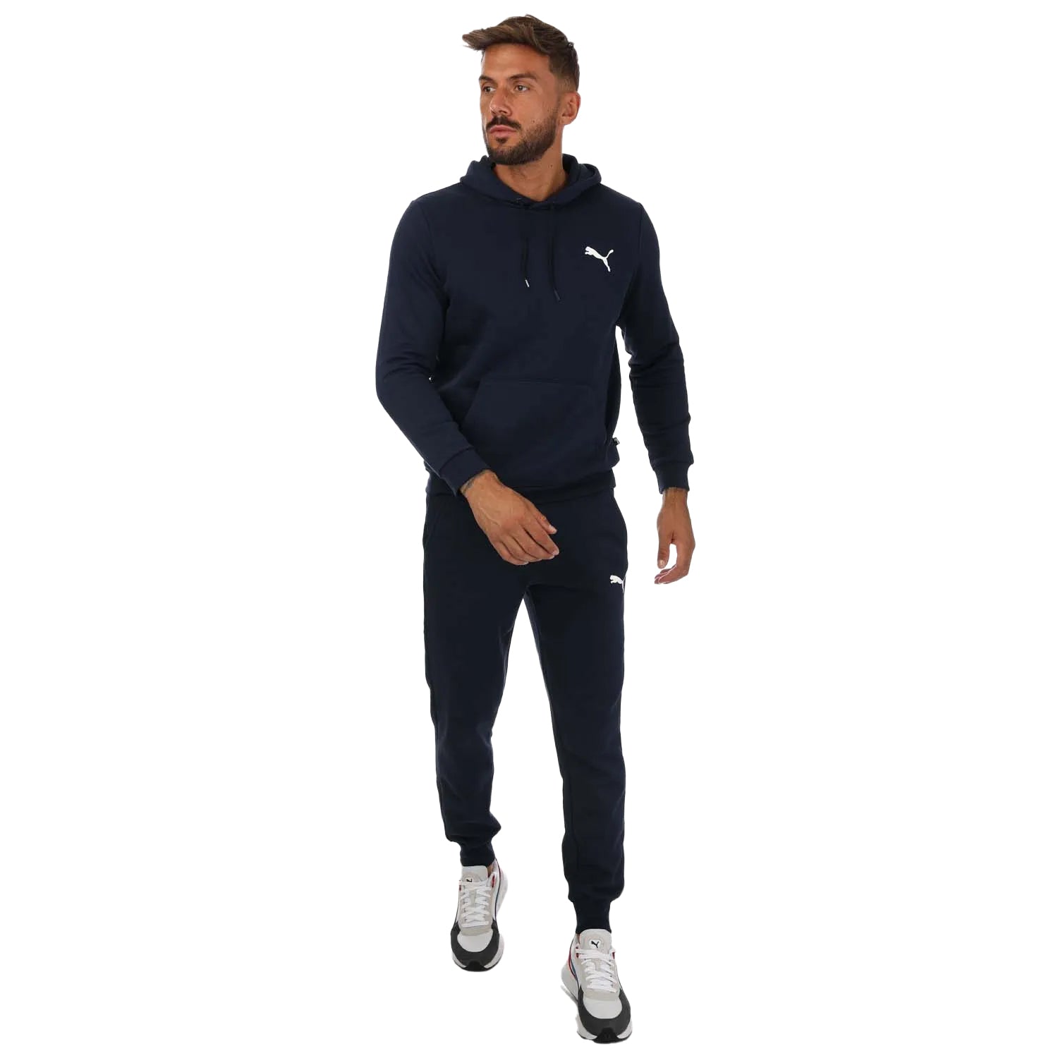Navy - Side - Puma Mens Small Logo Cuffed Jogging Bottoms