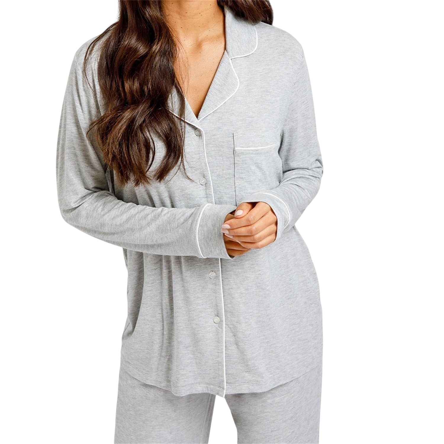Grey - Side - Chelsea Peers Womens-Ladies Modal Button-Down Long Pyjama Set