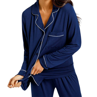 Navy - Side - Chelsea Peers Womens-Ladies Modal Button-Down Long Pyjama Set