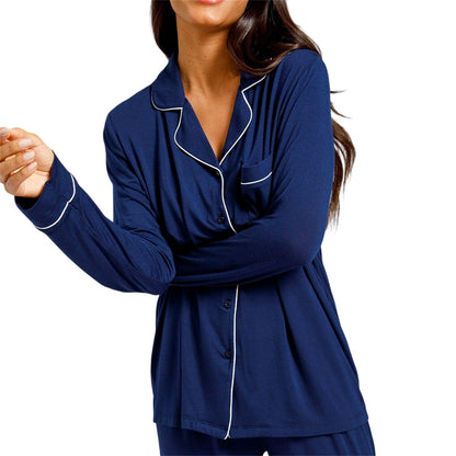 Navy - Lifestyle - Chelsea Peers Womens-Ladies Modal Button-Down Long Pyjama Set