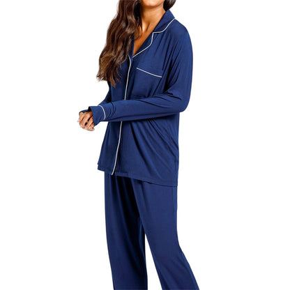 Navy - Pack Shot - Chelsea Peers Womens-Ladies Modal Button-Down Long Pyjama Set