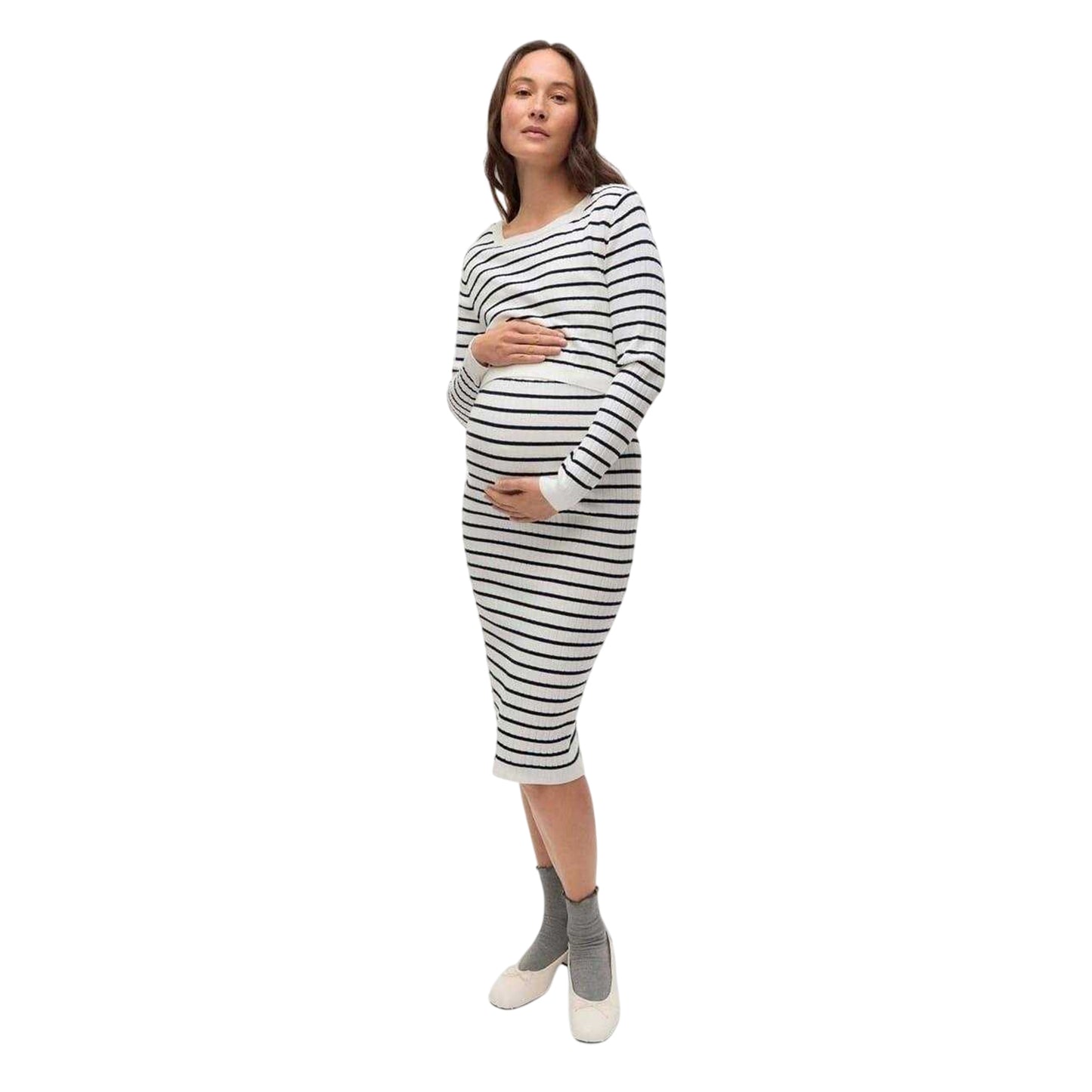 Snow White - Lifestyle - Mamalicious Womens-Ladies Mlalima Striped Scoop Neck Long-Sleeved Midi Dress