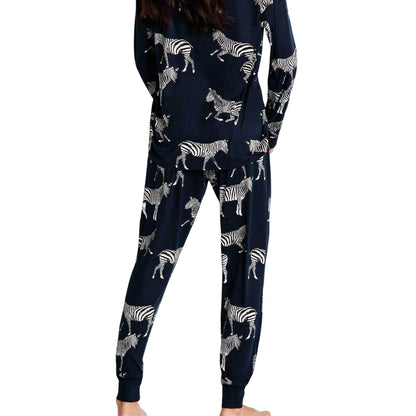 Navy - Side - Chelsea Peers Womens-Ladies Zebra Long Pyjama Set