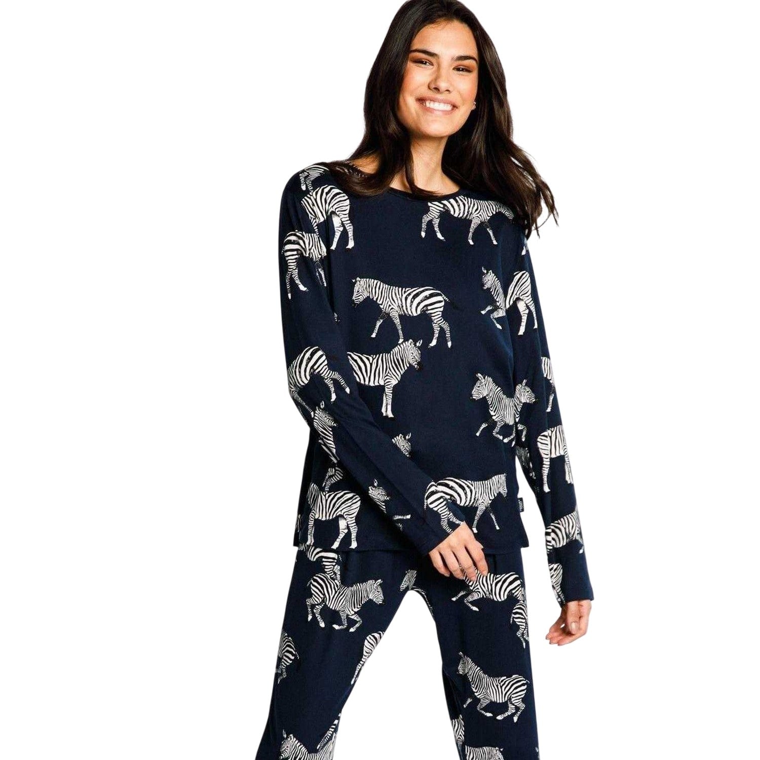 Navy - Lifestyle - Chelsea Peers Womens-Ladies Zebra Long Pyjama Set