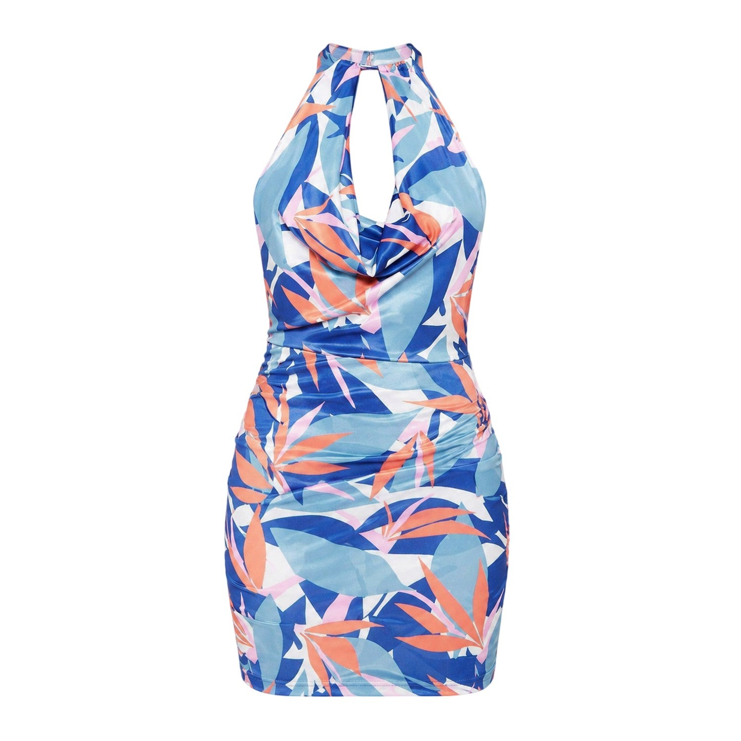 Blue-Multicoloured - Front - Missy Empire Womens-Ladies Slinky Abstract Halter Neck Mini Dress