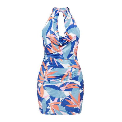 Blue-Multicoloured - Front - Missy Empire Womens-Ladies Slinky Abstract Halter Neck Mini Dress