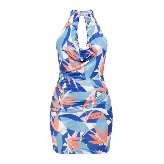 Blue-Multicoloured - Front - Missy Empire Womens-Ladies Slinky Abstract Halter Neck Mini Dress