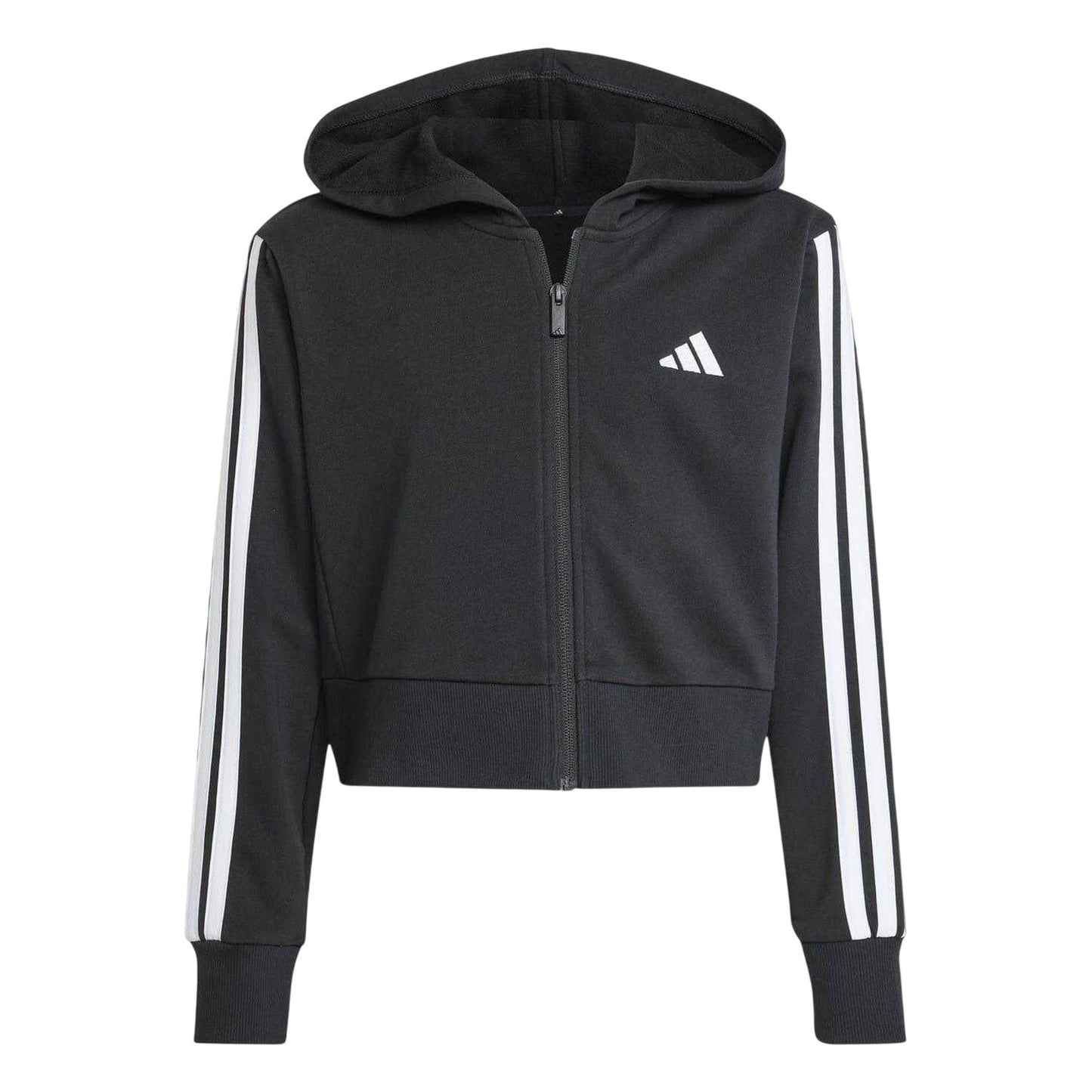 Black-White - Front - Adidas Girls 3 Stripes Cotton Long-Sleeved Full Zip Hoodie