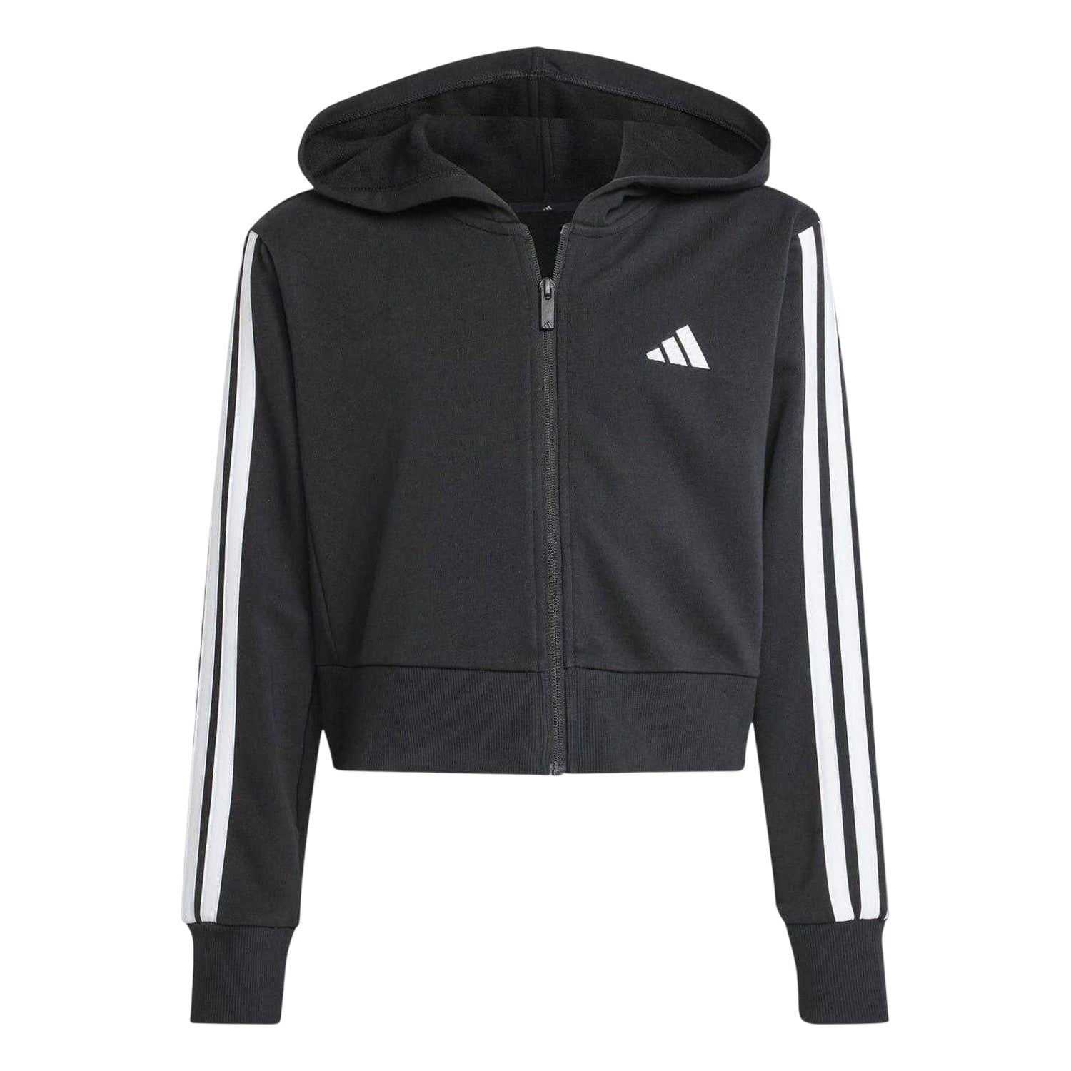 Black-White - Front - Adidas Girls 3 Stripes Cotton Long-Sleeved Full Zip Hoodie