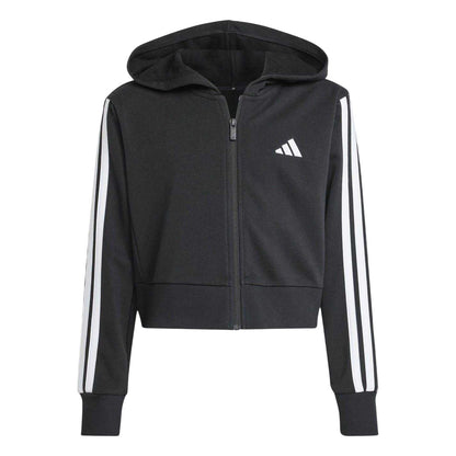 Black-White - Front - Adidas Girls 3 Stripes Cotton Long-Sleeved Full Zip Hoodie