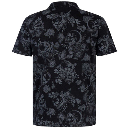 Black-Grey - Back - Firetrap Mens Floral Skull All-Over Print Polo Shirt