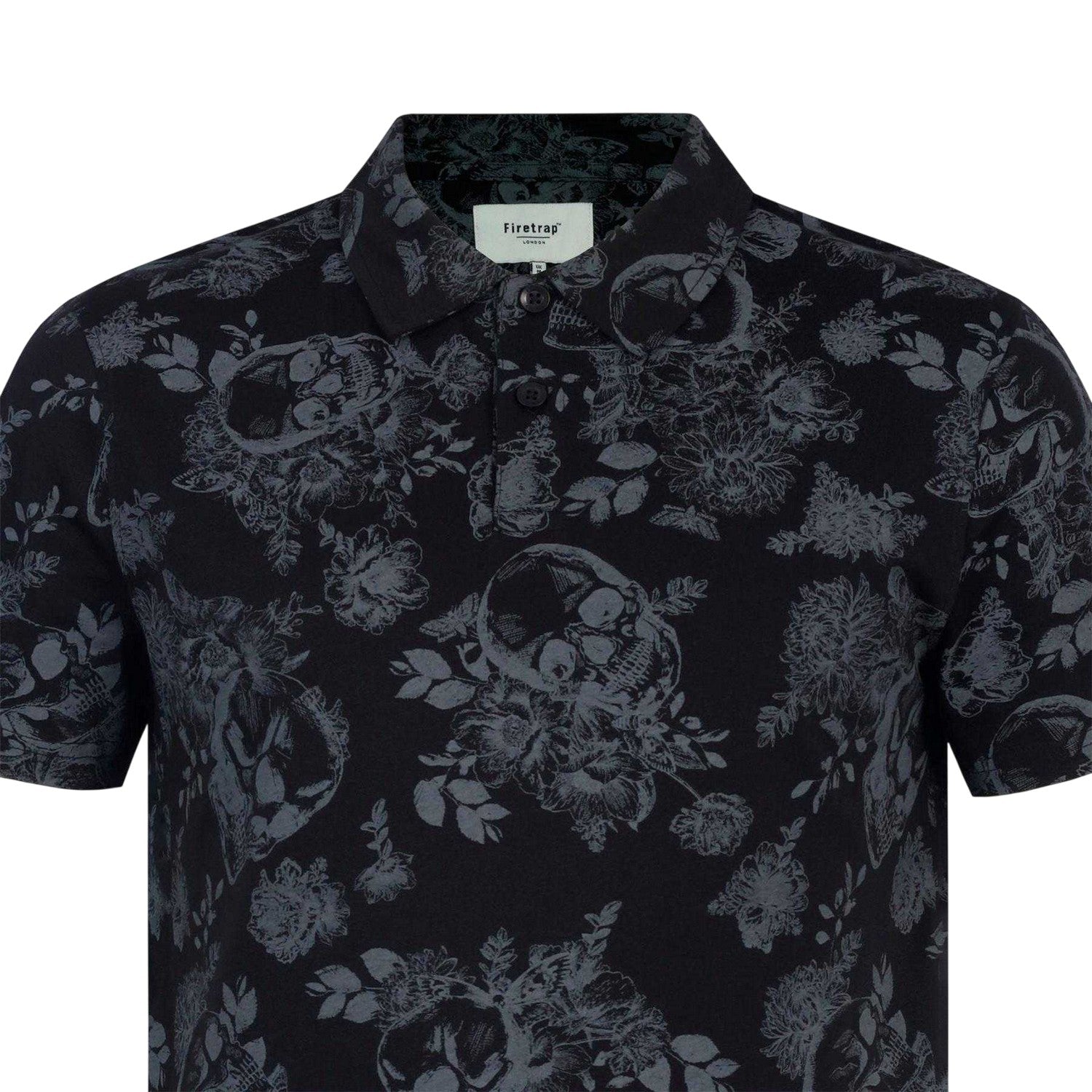 Black-Grey - Side - Firetrap Mens Floral Skull All-Over Print Polo Shirt