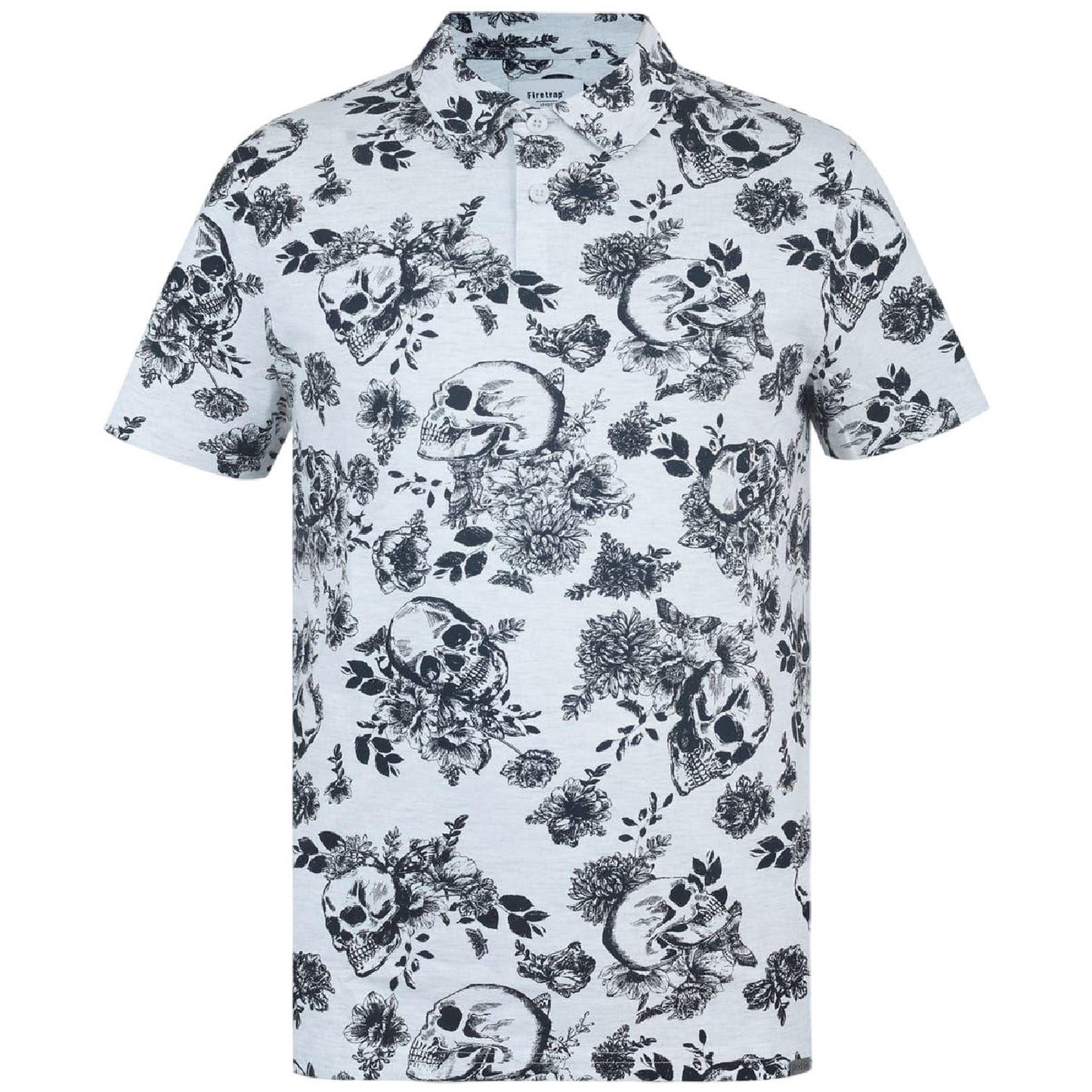 White-Black - Front - Firetrap Mens Floral Skull All-Over Print Polo Shirt