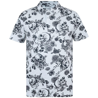 White-Black - Front - Firetrap Mens Floral Skull All-Over Print Polo Shirt