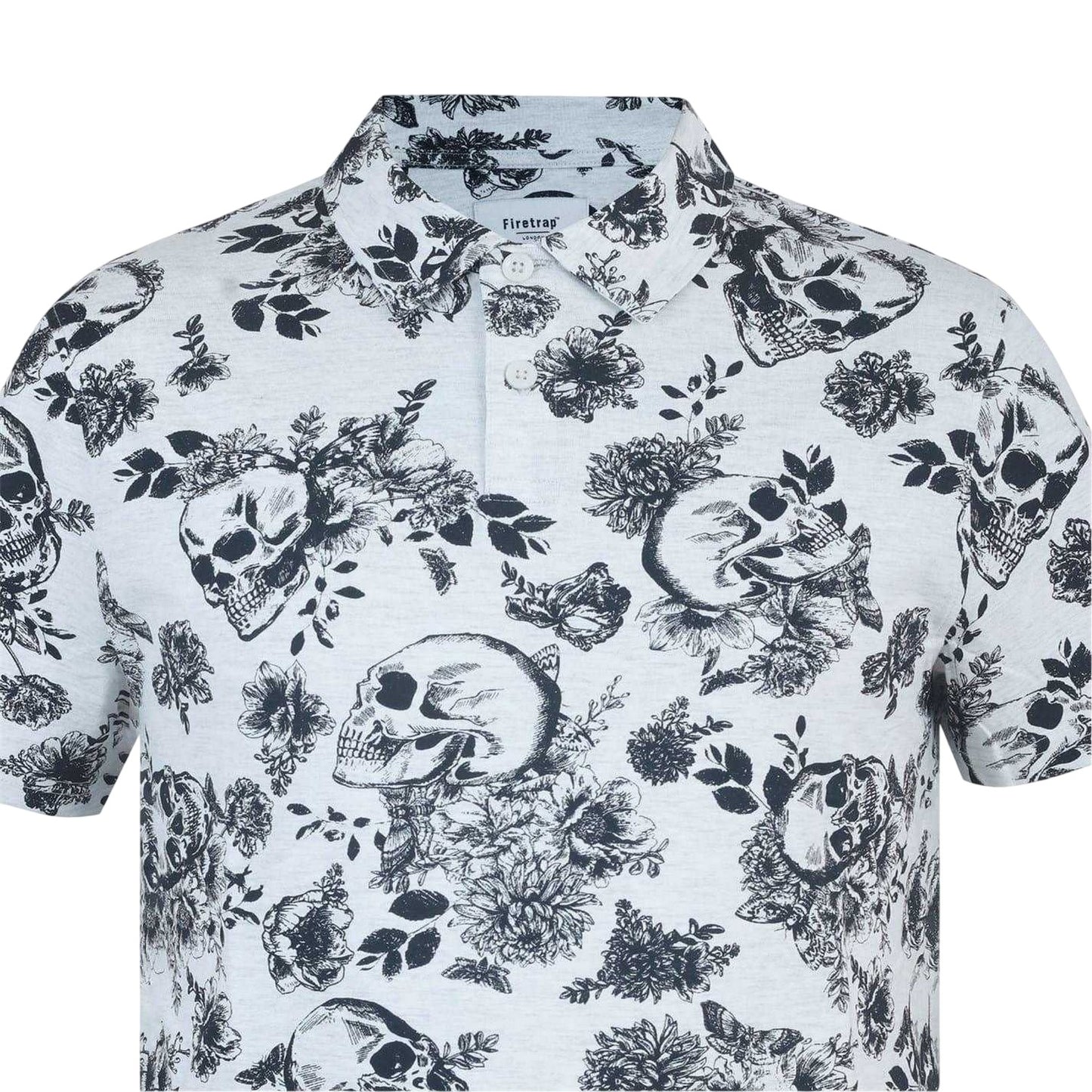 White-Black - Side - Firetrap Mens Floral Skull All-Over Print Polo Shirt