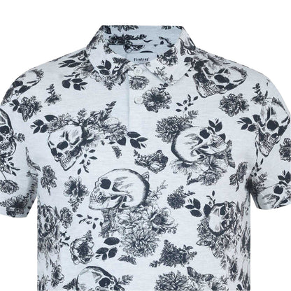 White-Black - Side - Firetrap Mens Floral Skull All-Over Print Polo Shirt