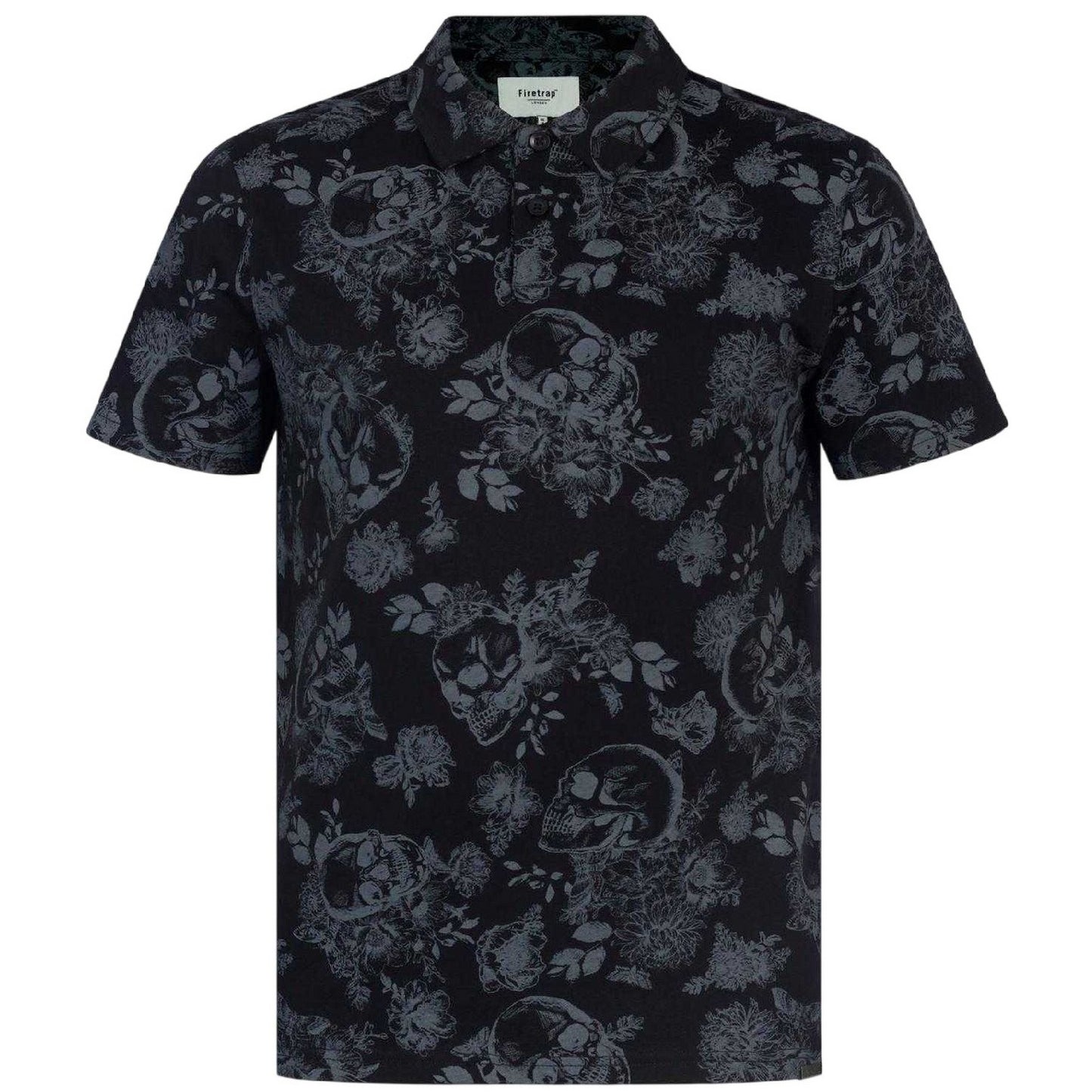 Black-Grey - Front - Firetrap Mens Floral Skull All-Over Print Polo Shirt