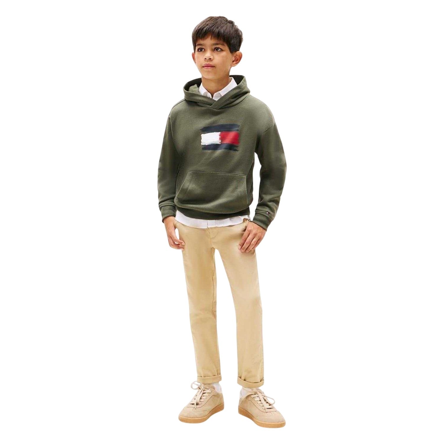 Pewter - Side - Tommy Hilfiger Childrens-Kids Flag Logo Drawstring Hoodie