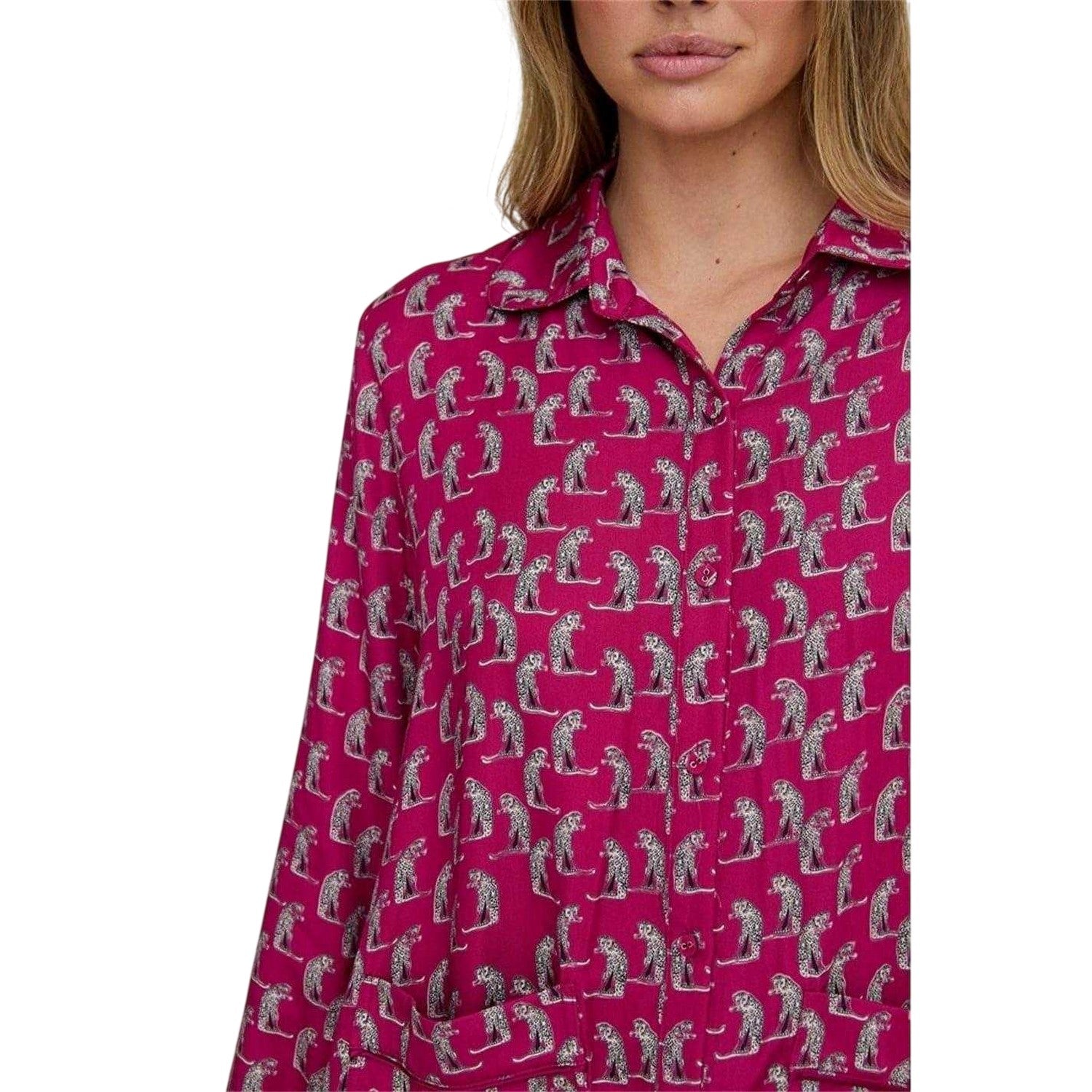 Red - Side - Lily And Lionel Womens-Ladies Evie Leopard Collared Long Pyjama Set
