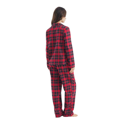 Red-Black - Back - Chelsea Peers Womens-Ladies Plaid Collared Long Pyjama Set