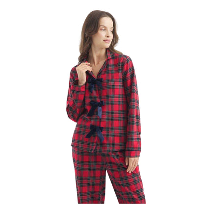 Red-Black - Side - Chelsea Peers Womens-Ladies Plaid Collared Long Pyjama Set