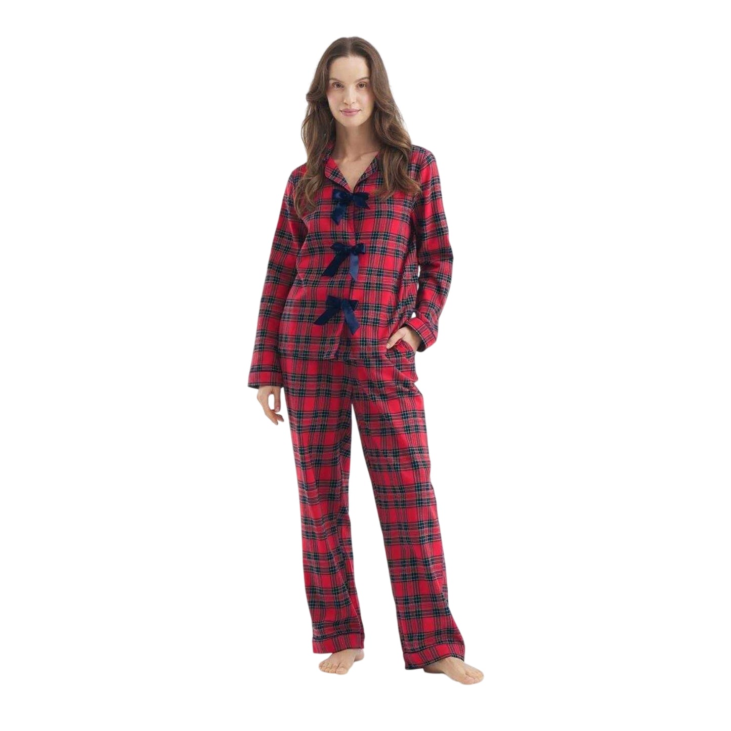 Red-Black - Front - Chelsea Peers Womens-Ladies Plaid Collared Long Pyjama Set