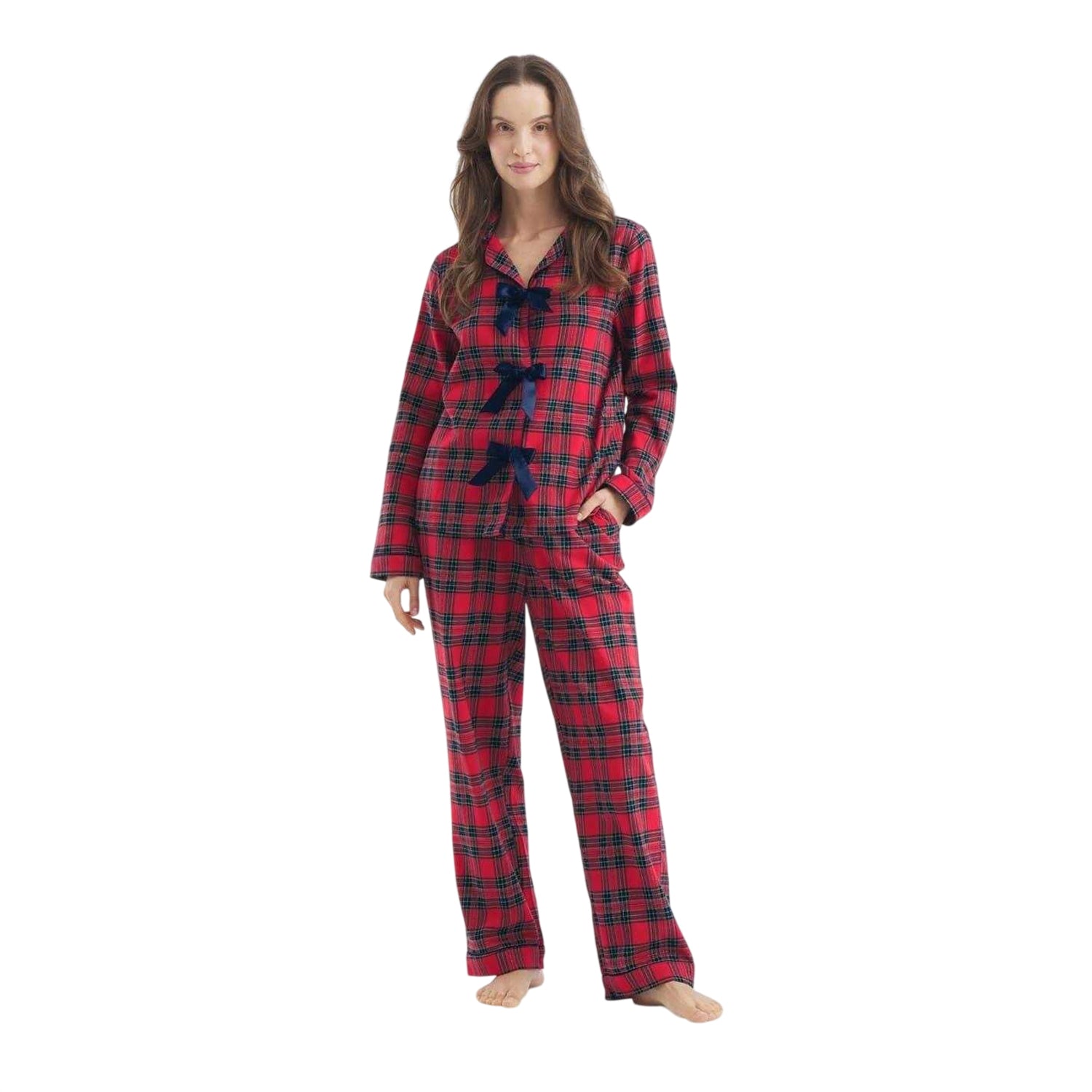 Red-Black - Front - Chelsea Peers Womens-Ladies Plaid Collared Long Pyjama Set