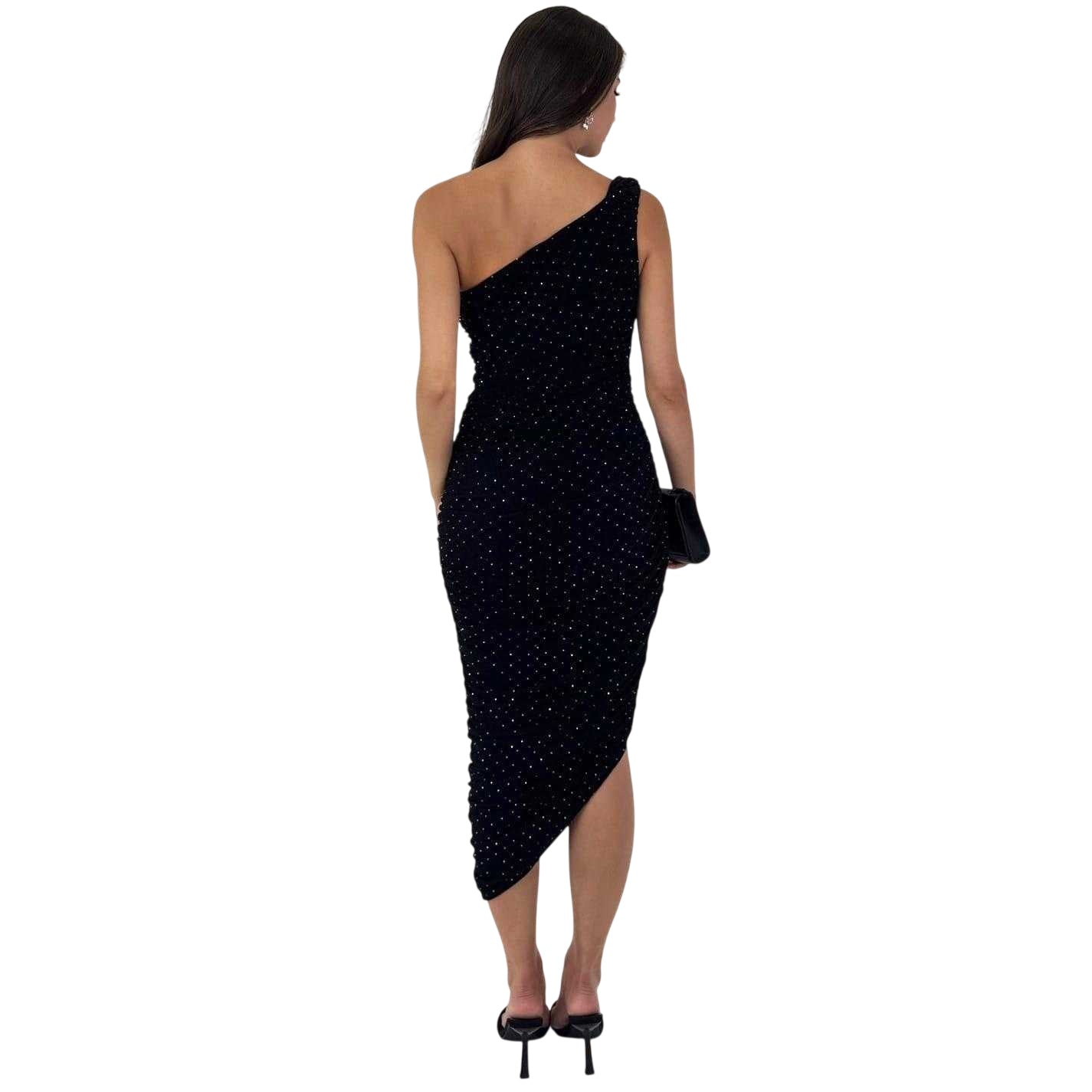 Black - Back - Ax Womens-Ladies Polyester Ruched One Shoulder Midi Dress