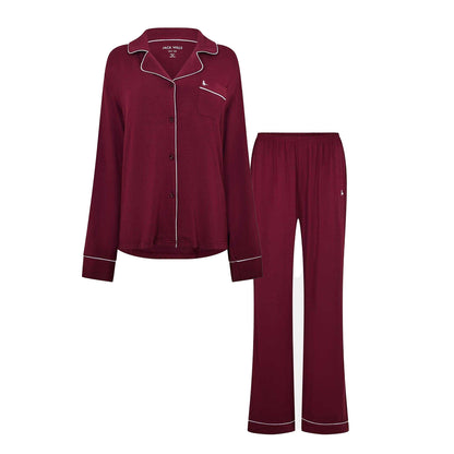 Wine - Front - Jack Wills Womens-Ladies Collared Long Pyjama Set