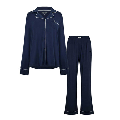 Navy - Front - Jack Wills Womens-Ladies Collared Long Pyjama Set
