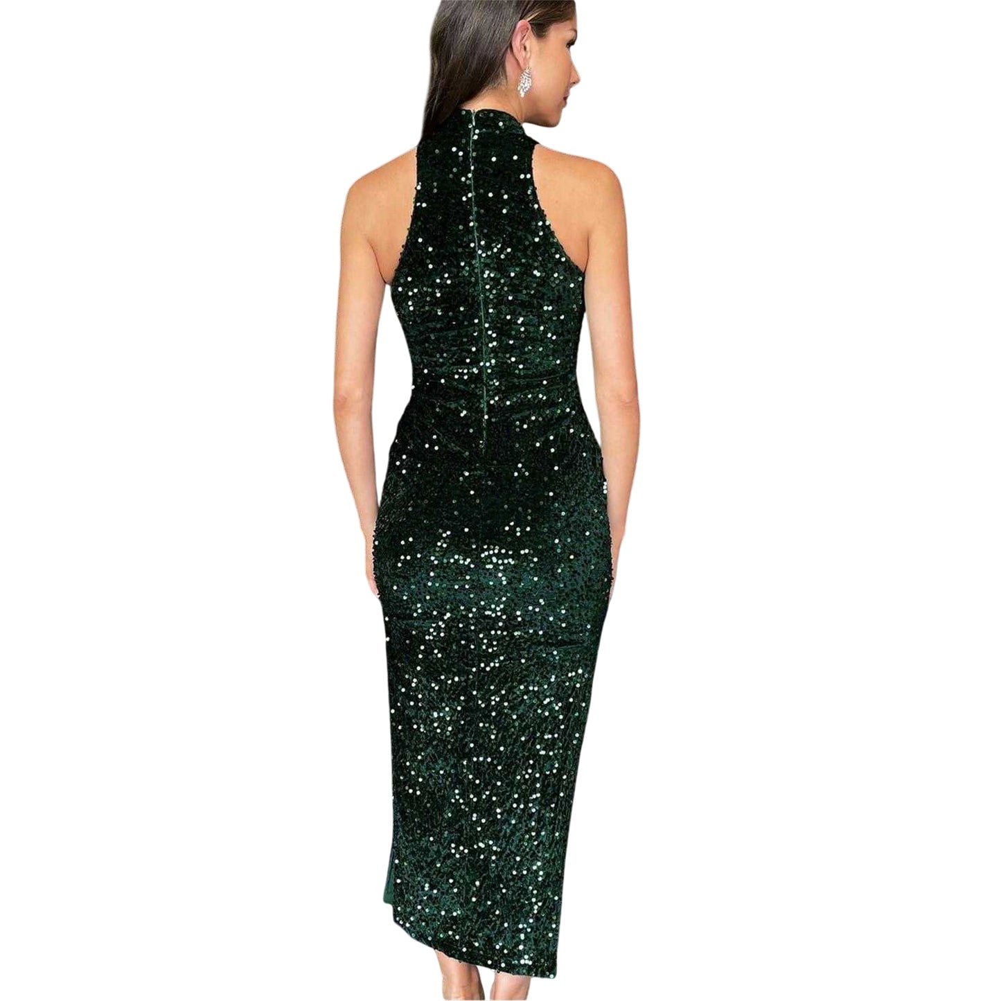 Green - Back - AX Paris Womens-Ladies Sequin Velvet Fitted Formal Midi Dress