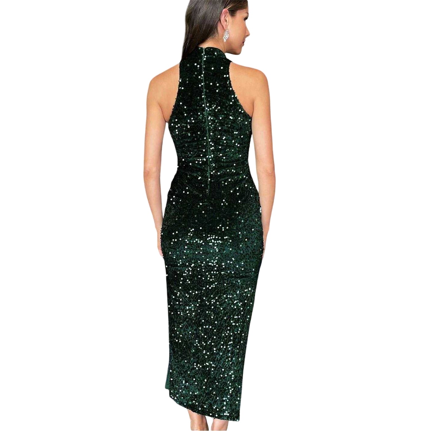 Green - Back - AX Paris Womens-Ladies Sequin Velvet Fitted Formal Midi Dress