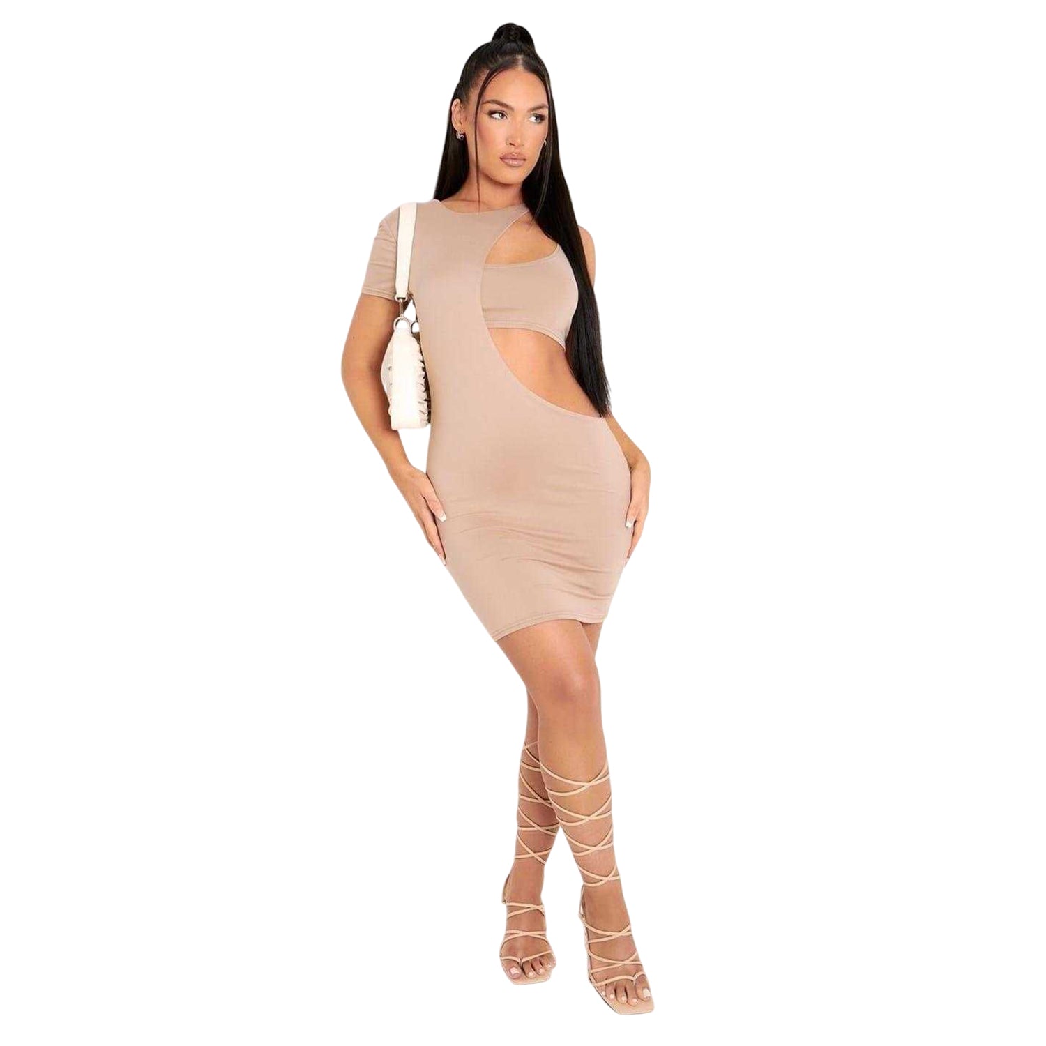 Beige - Front - Missy Empire Womens-Ladies Cut Out Mini Dress