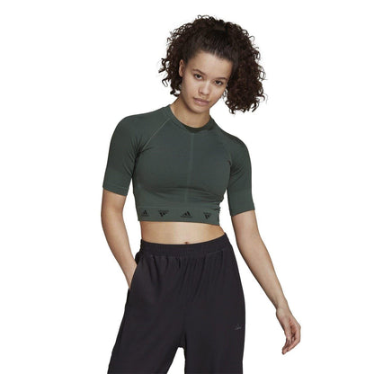 Green-Black - Side - Adidas Womens-Ladies Aeroknit Crop Top