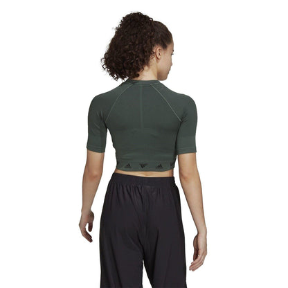 Green-Black - Lifestyle - Adidas Womens-Ladies Aeroknit Crop Top
