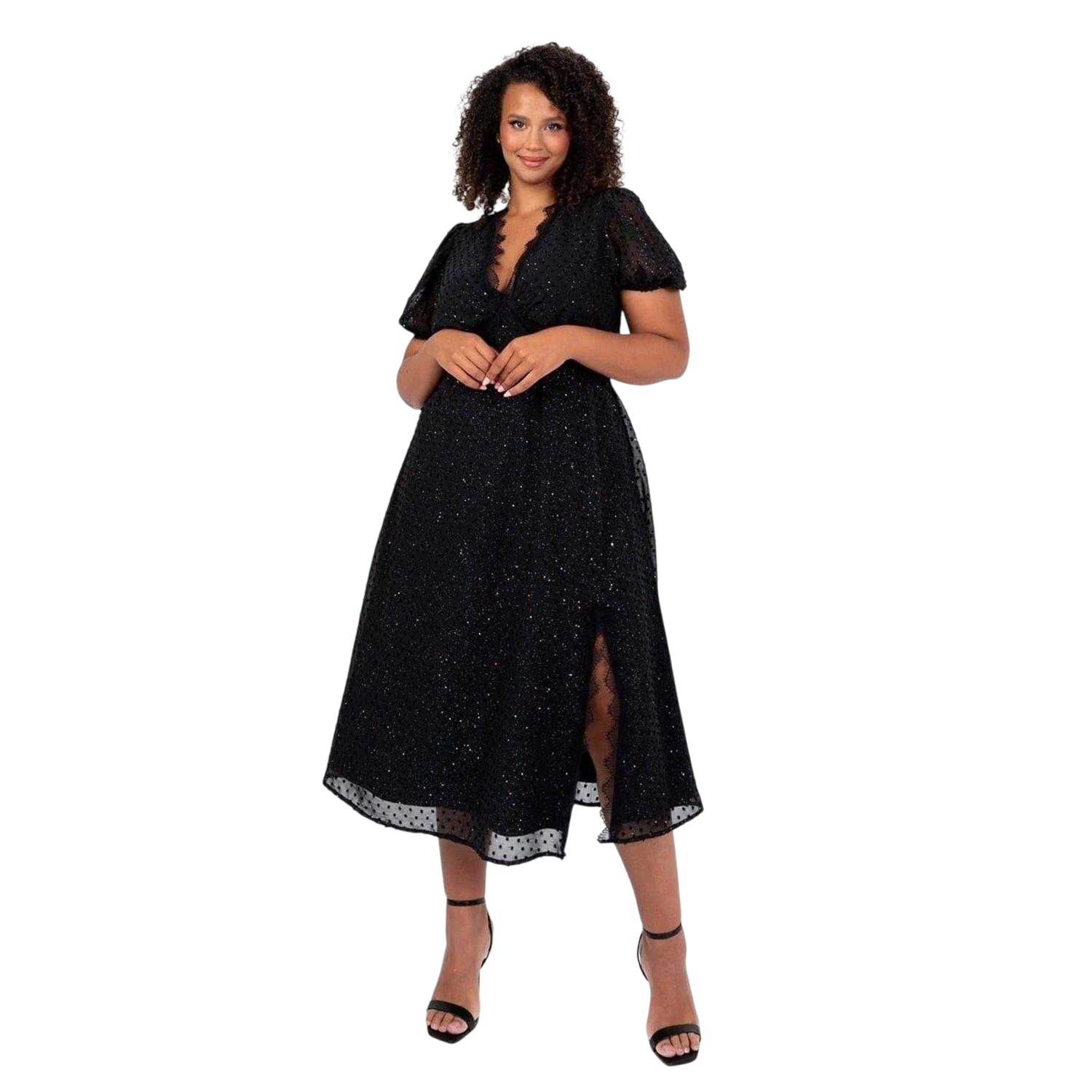 Black - Front - Lovedrobe Womens-Ladies V Neck Party Midi Dress