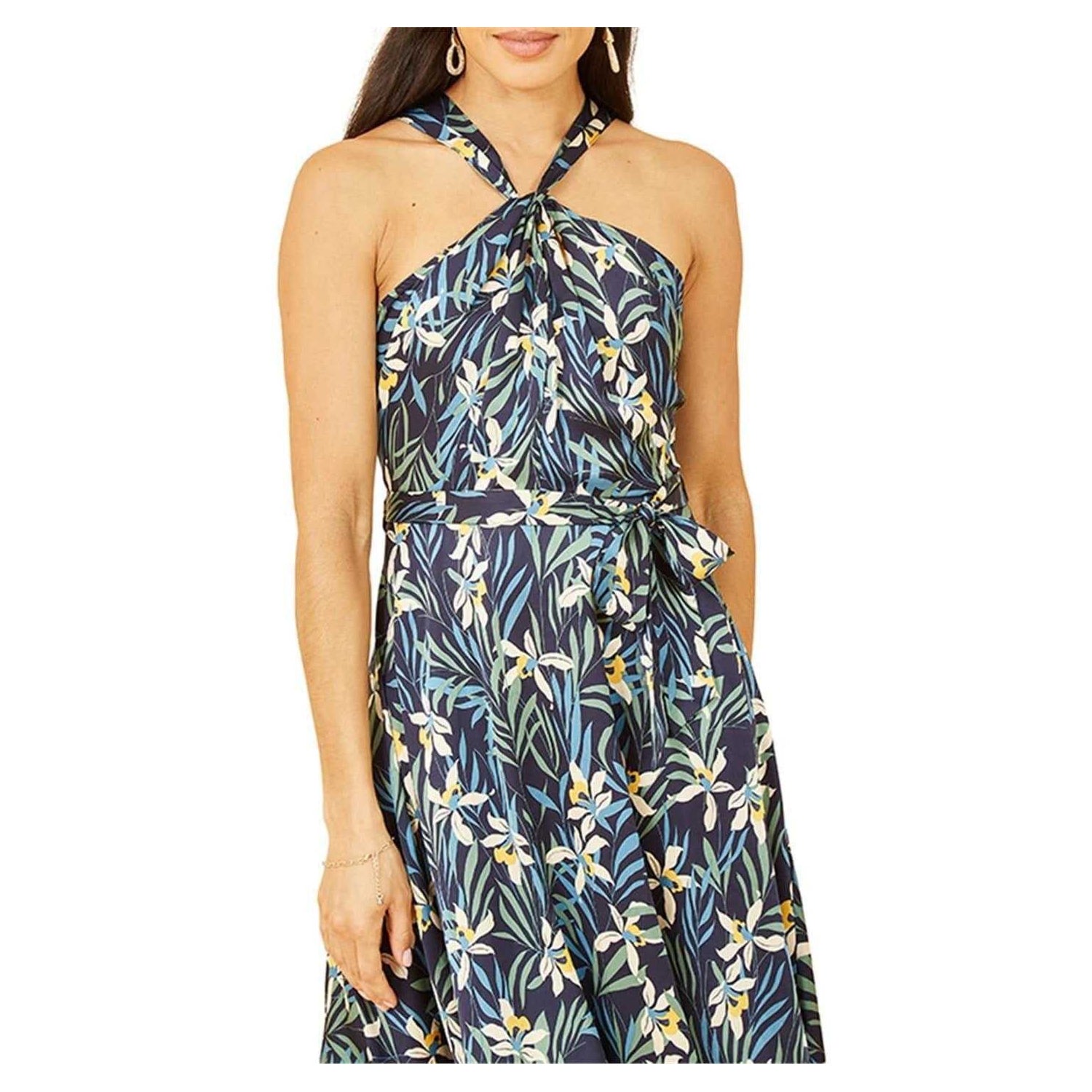 Navy - Back - Yumi Womens-Ladies Tropical Floral Regular Summer Midi Dress