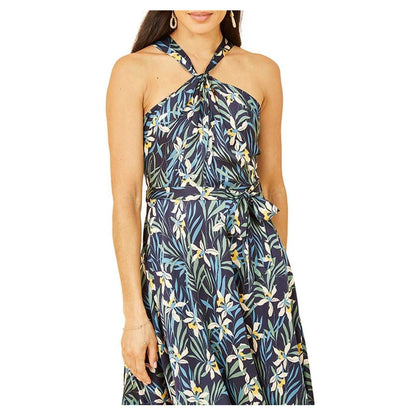 Navy - Back - Yumi Womens-Ladies Tropical Floral Regular Summer Midi Dress